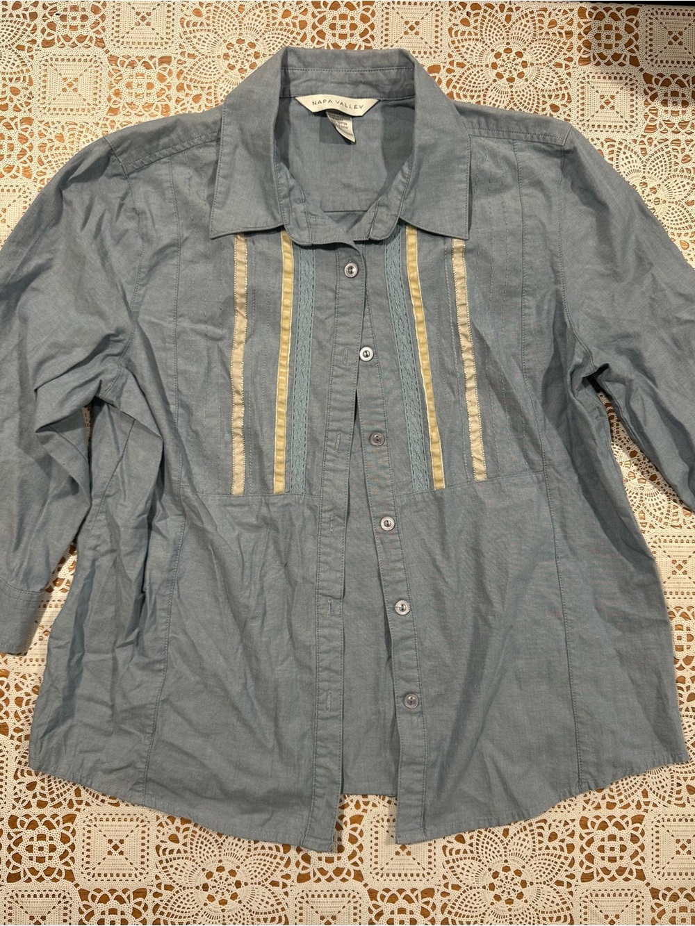Napa Valley Blue Cotton Button Front Blouse Pintuck Ribbon Detail Large
